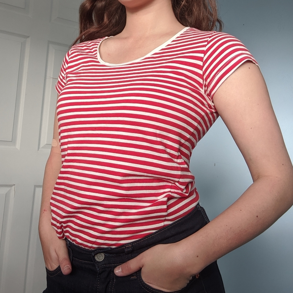 🍒Mudo short sleeve red and white striped T shirt